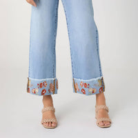 Coco + Carmen - Women's Everstretch Wide Leg Crop Embroidered Cuff Jeans