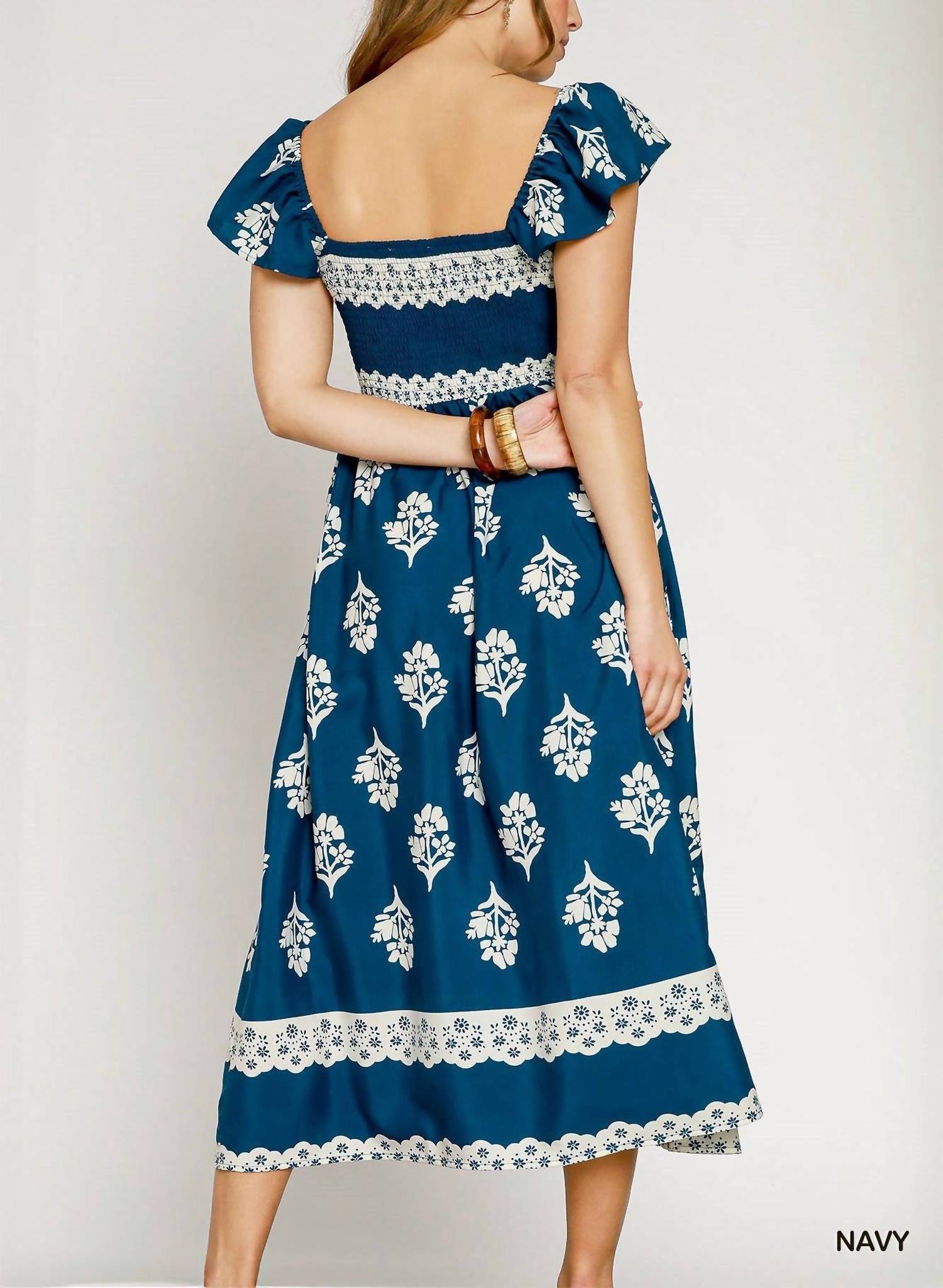 Umgee - Floral Block Print Ruffle Sleeve Midi Dress