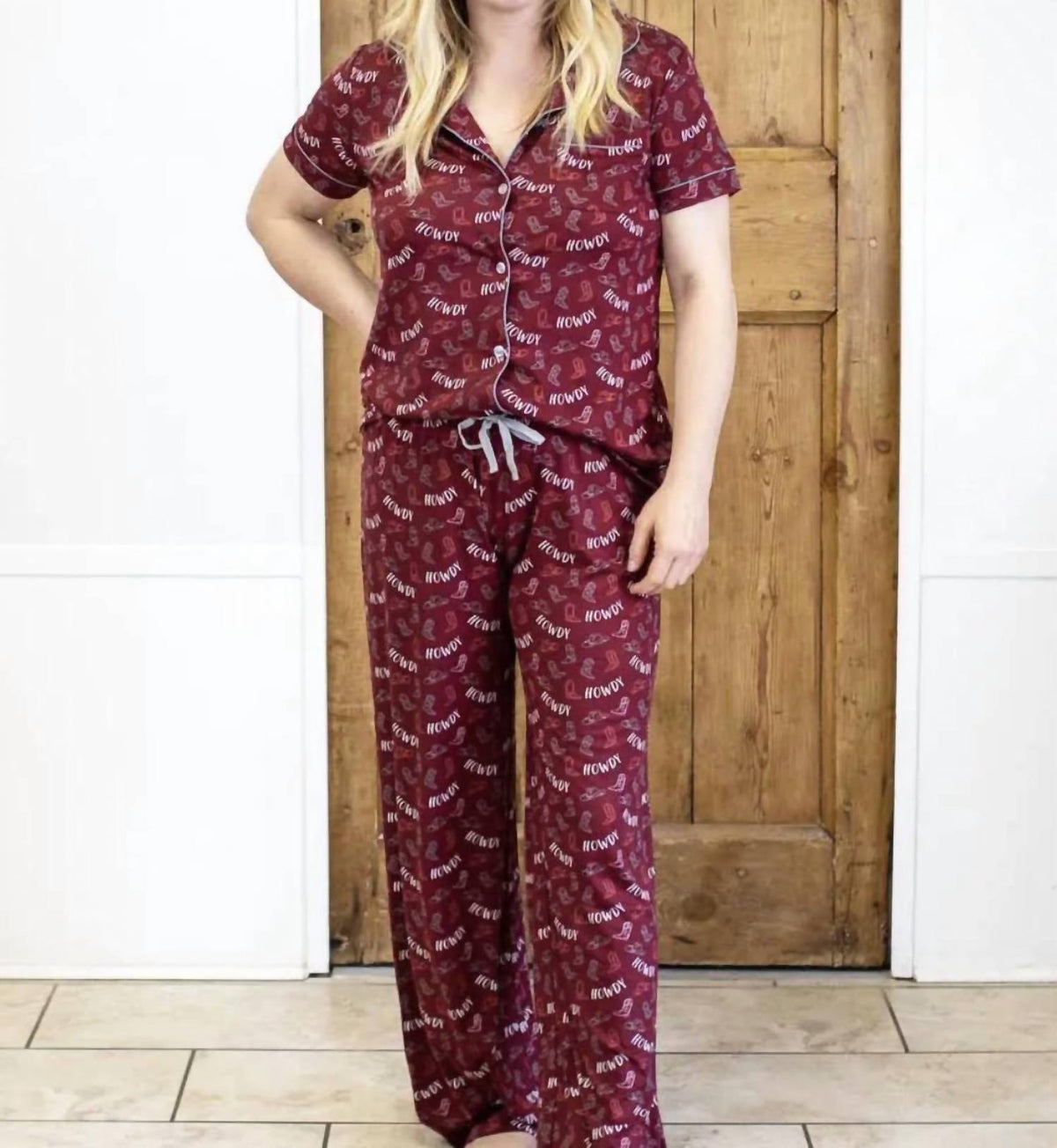 The Royal Standard - Women's Howdy Girl Short Sleeve Button Up Sleep Shirt Long Pants Set