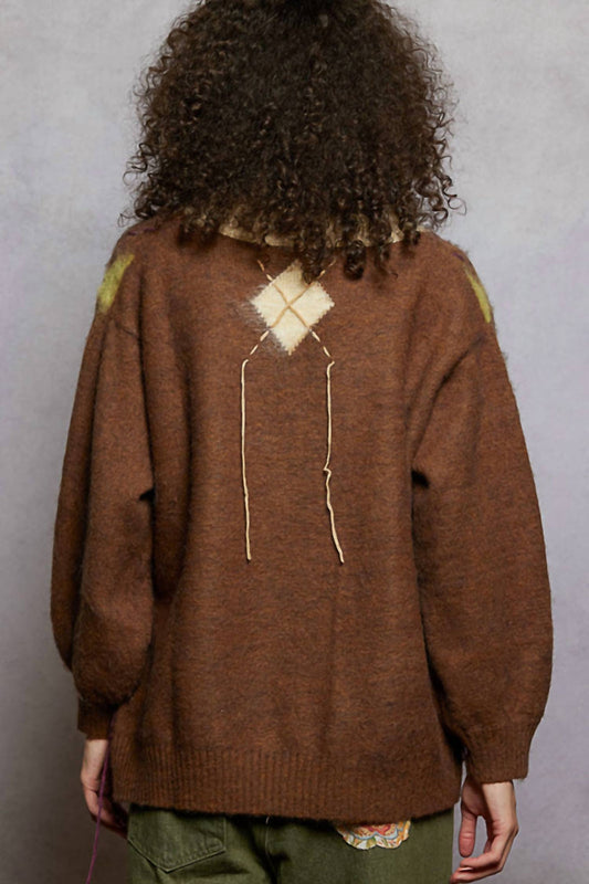 Pol - Oxford Argyle Distressed Oversized Sweater