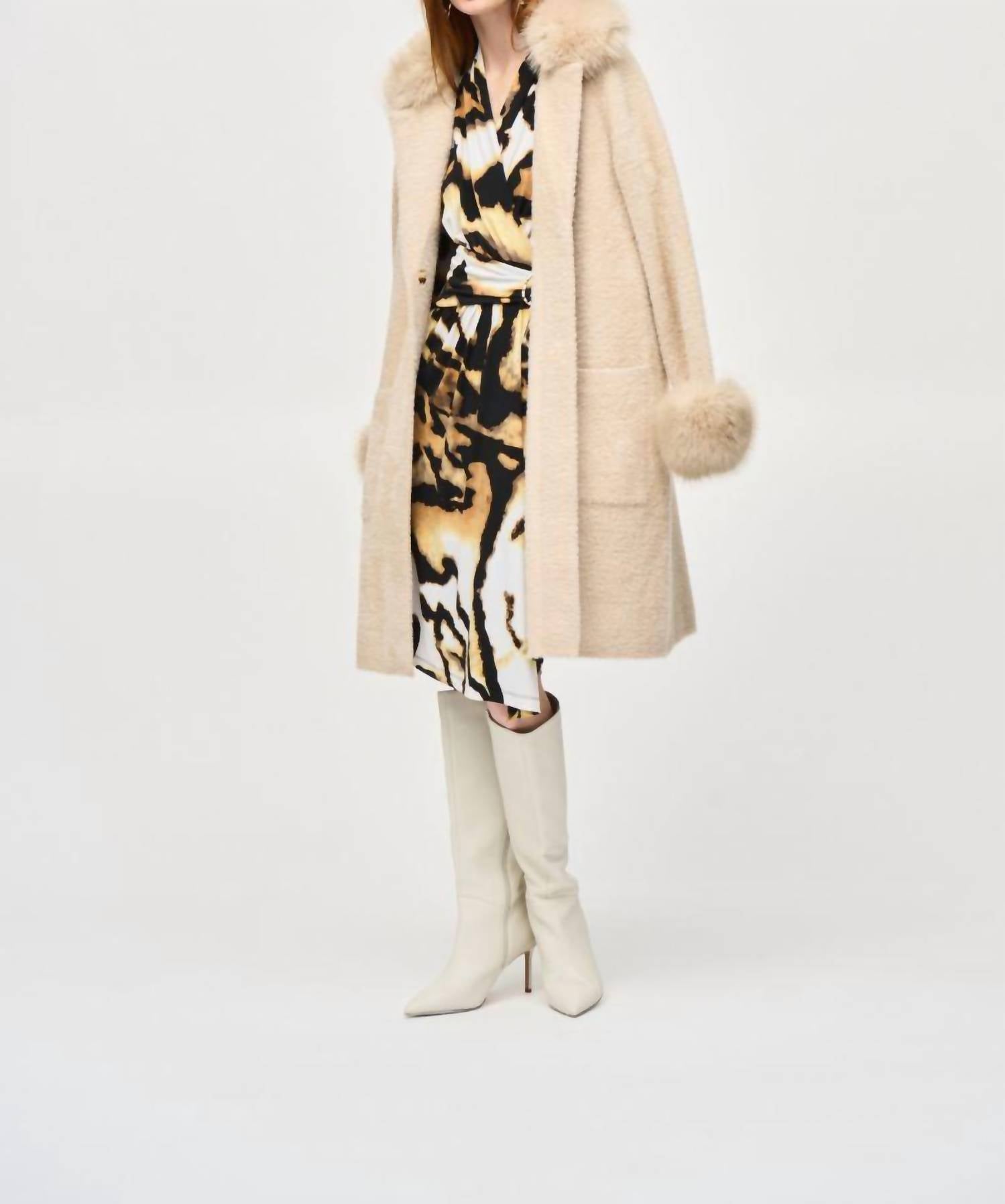 Joseph Ribkoff - Detachable Faux Fur Trim Long Sleeve Coat