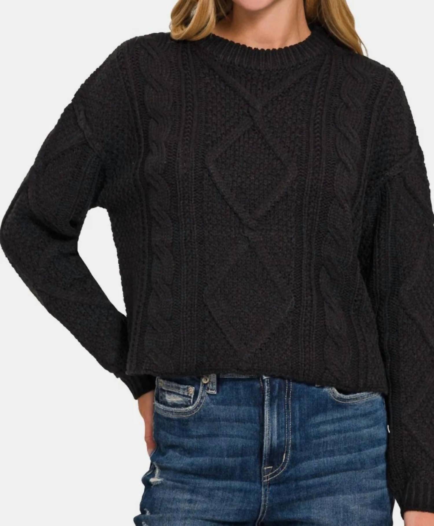 Zenana - Cropped High Low Cable Sweater With Side Slits