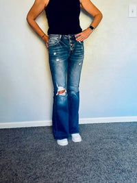 Risen - Mid Rise Button Down Flare Jeans