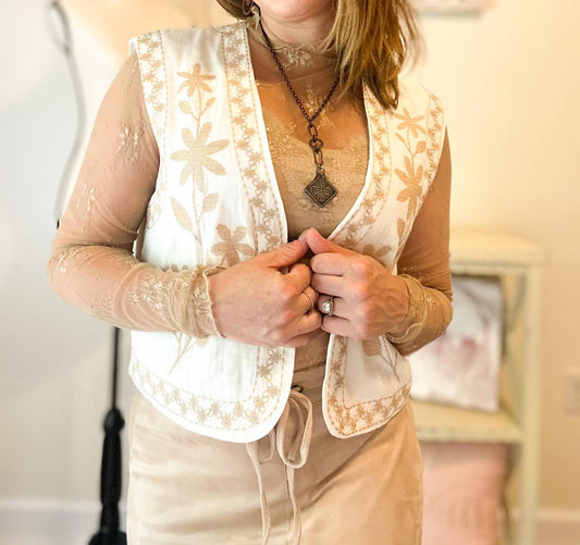 Mustard Seed - Embroidered Floral Open Front Vest