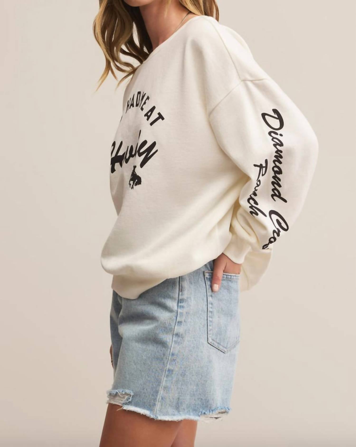 Z Supply Jackson Sunday Sweatshirt in howdy crewneck white - women's sweater - detail view