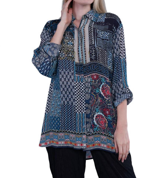 Shana Apparel - Patchwork Print Button Up Tunic Top