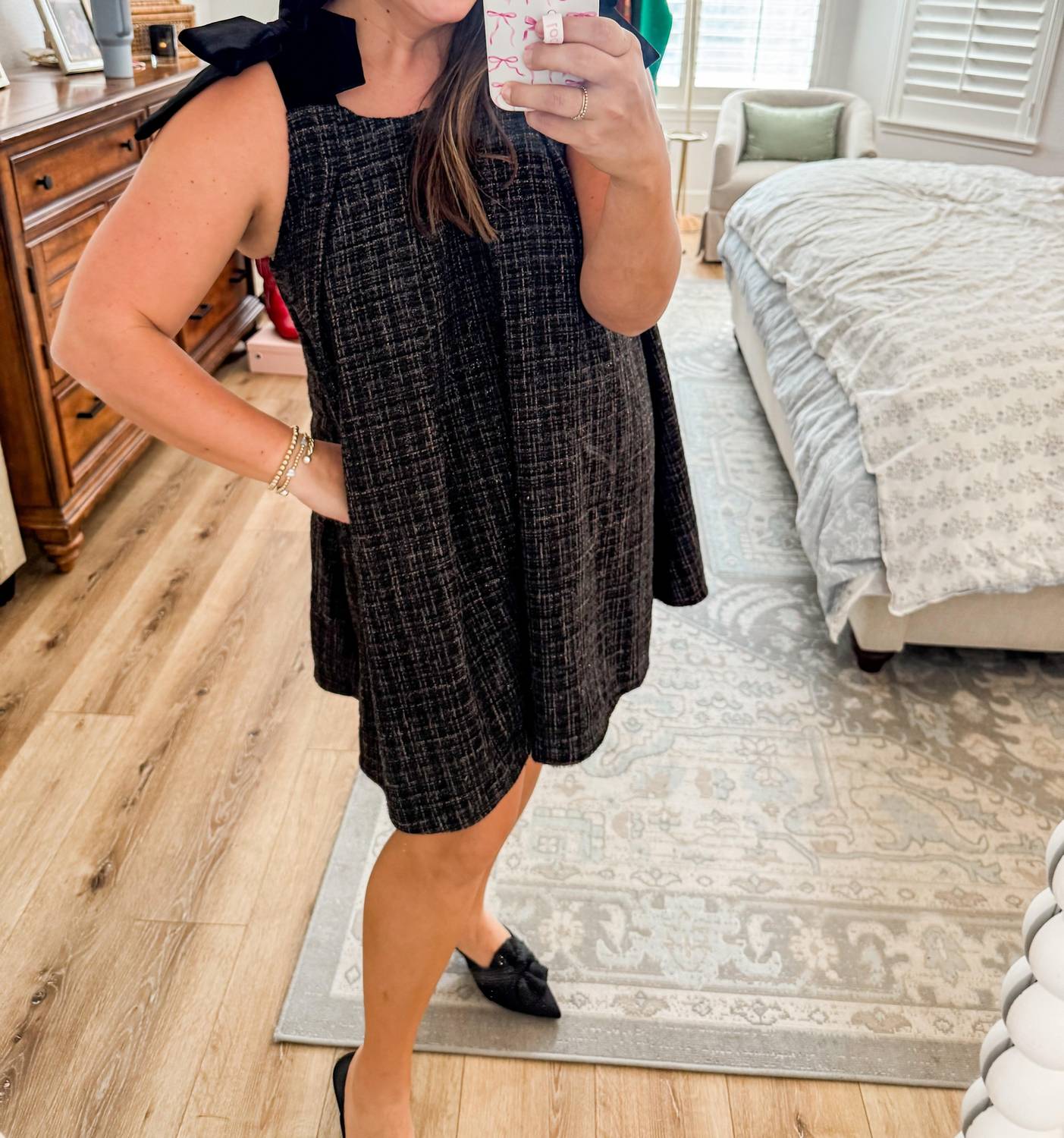 Meet Me In Santorini - Ebony Tweed Tie Shoulder Dress
