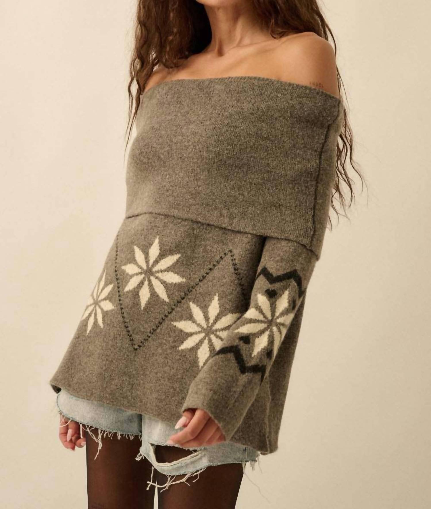 Promesa - Apres Ski Off-shoulder Foldover Alpine Sweater