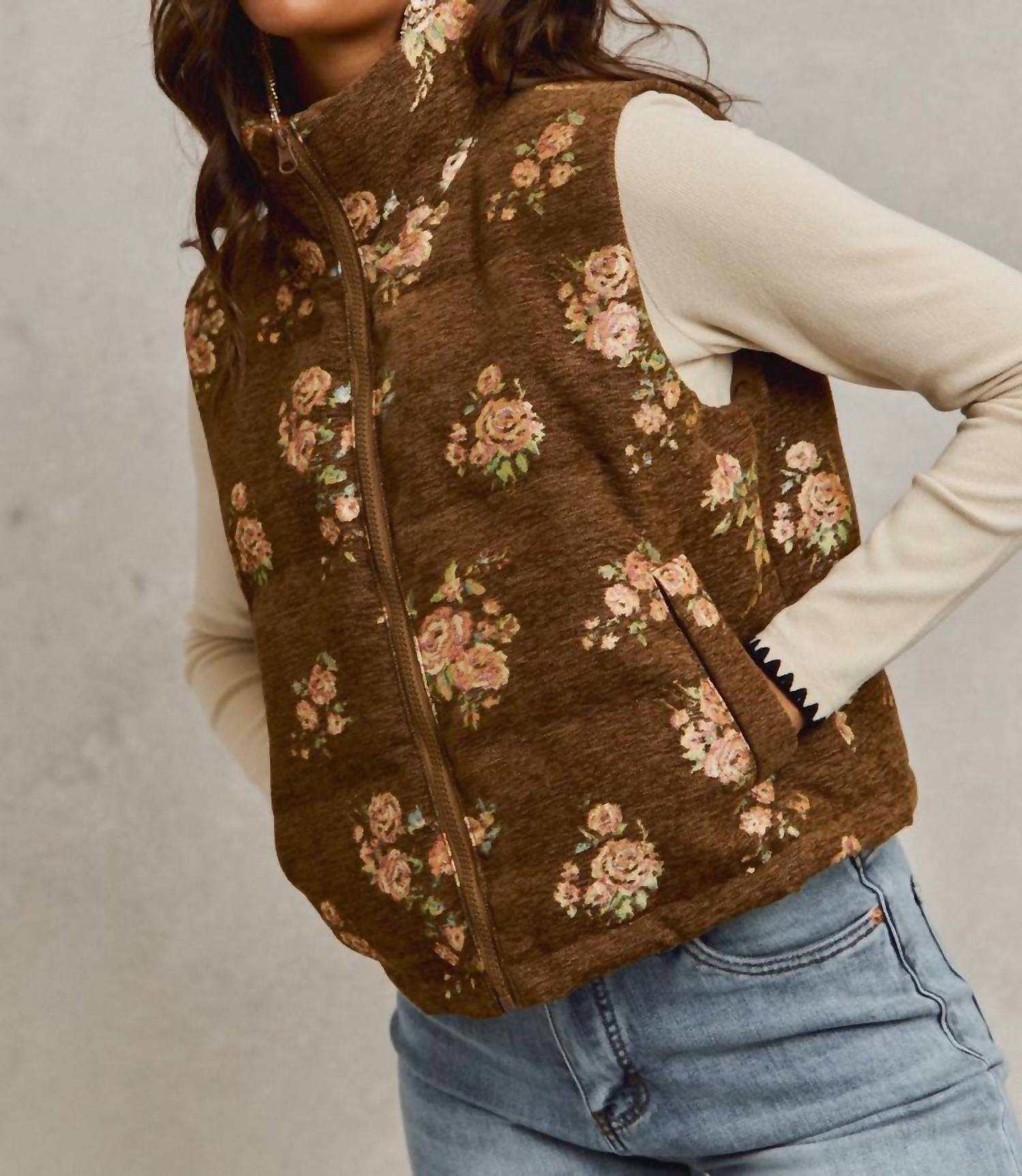 So Me Floral Jacquard Quilted Vest in brown - women's jacket - detail view