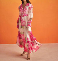 HEMANT & NANDITA Rosa High Low Dress in pink floral - women's dress - detail view