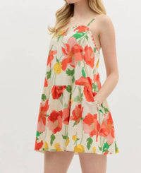 Entro - Floral U-neck Mini Dress With Pockets