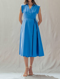 Urban Daizy - Collared Cap Sleeve Wrap Midi Dress