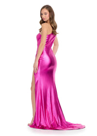 ASHLEYlauren Glamorous One Shoulder Metallic Jersey Gown in fuchsia - women's dress - alternate view