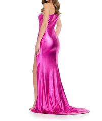 ASHLEYlauren Glamorous One Shoulder Metallic Jersey Gown in fuchsia - women's dress - detail view