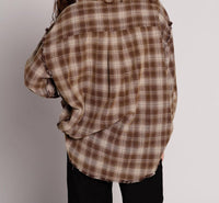 PROMESA Raw Energy Flannel Button Up Shirt in brown - women's long sleeve top - detail view