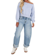 PAPERMOON Comfy Spot Polka Dot Off Shoulder Sweatshirt in light blue - women's sweater - alternate view
