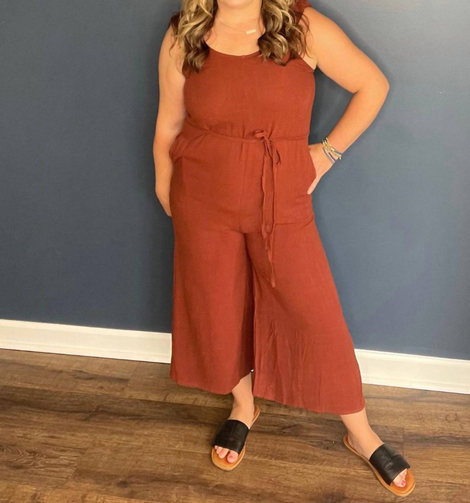 Before You Collection Scrunchie Strap Culotte Jumpsuit in rust - women's pants