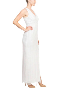 Adrianna Papell - V-neck Beaded & Sequined Sleeveless Banded Waist Slit Front Mesh Dress