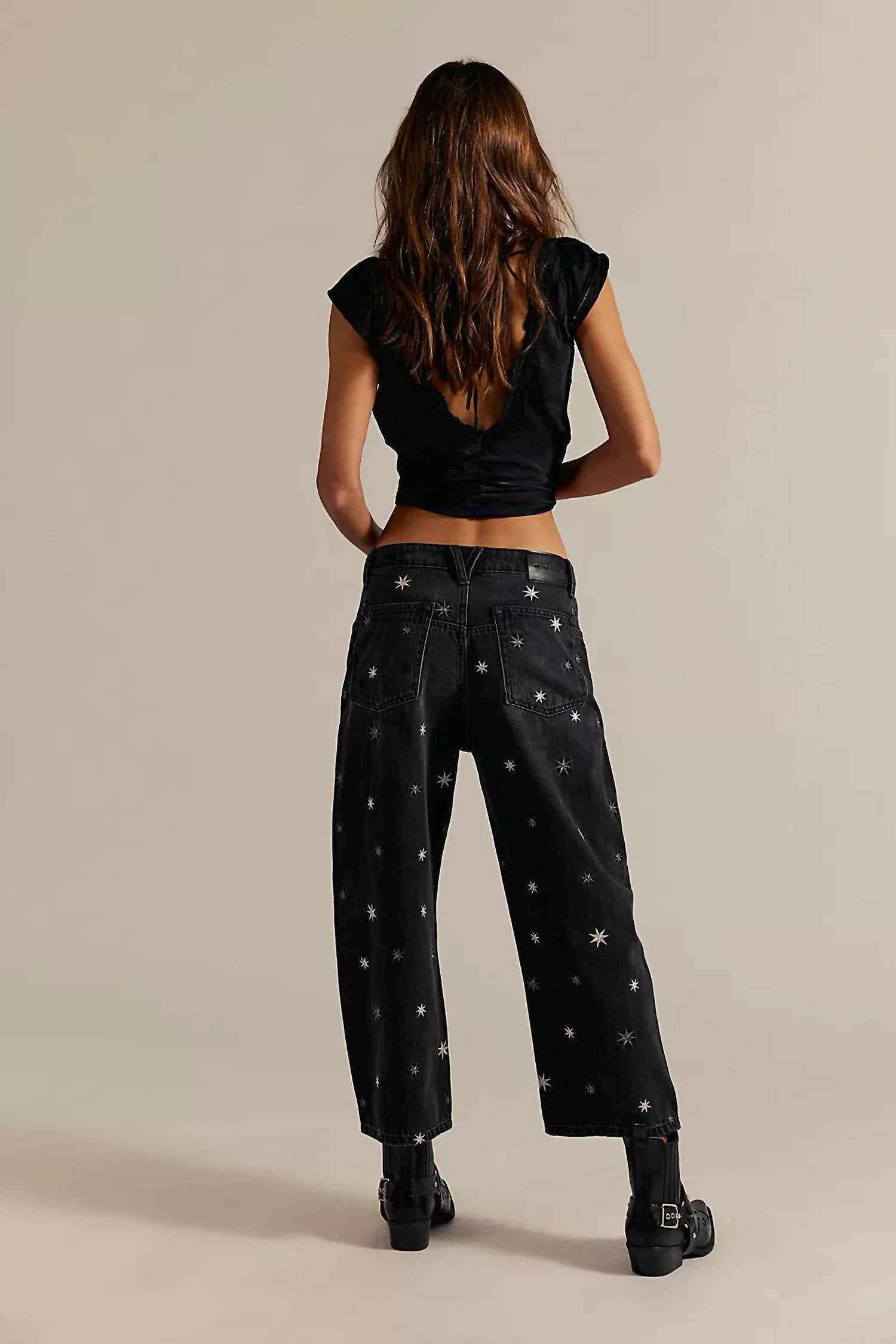 Free People Deep Trance Shine Embroidered Dropped Boyfriend Jeans in blue - women's jeans - alternate view