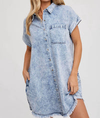 Bluivy - Frayed Hem Denim Shirt Dress