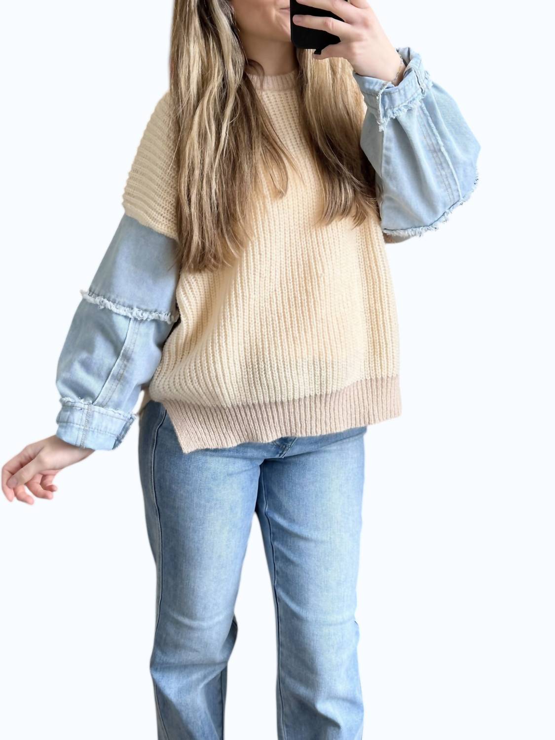 Adora - Frayed Denim Sleeve Sweater Top - Plus