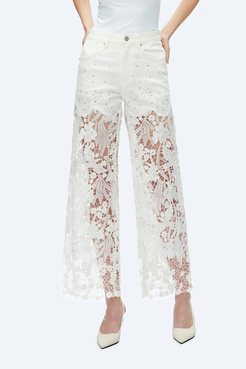 Bayeas - Lesley High Rise Lace Wide Leg Jeans With Rhinestones