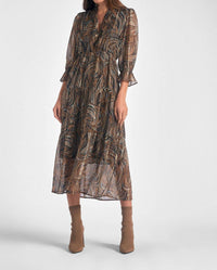 Elan - Three Quarter Sleeve Paisley Midi Dress