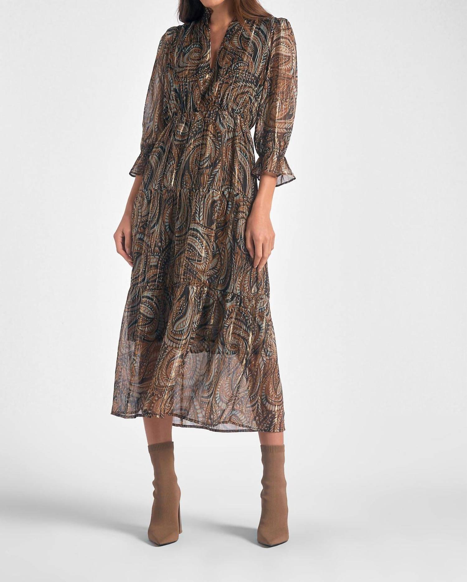 Elan - Three Quarter Sleeve Paisley Midi Dress