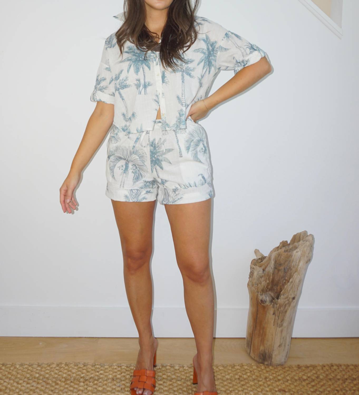 NIBI MTK Polly Cotton Slub Short in faded teal palms - women's shorts - alternate view