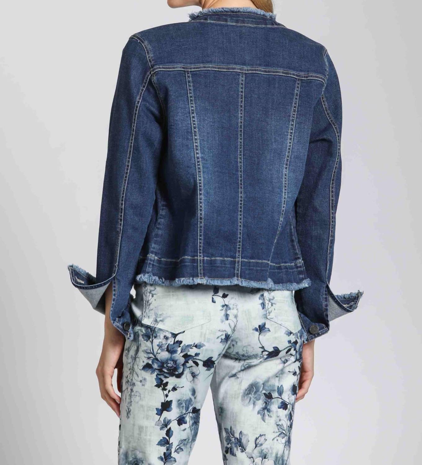 Apny - Collarless Jean Jacket With Frayed Detail