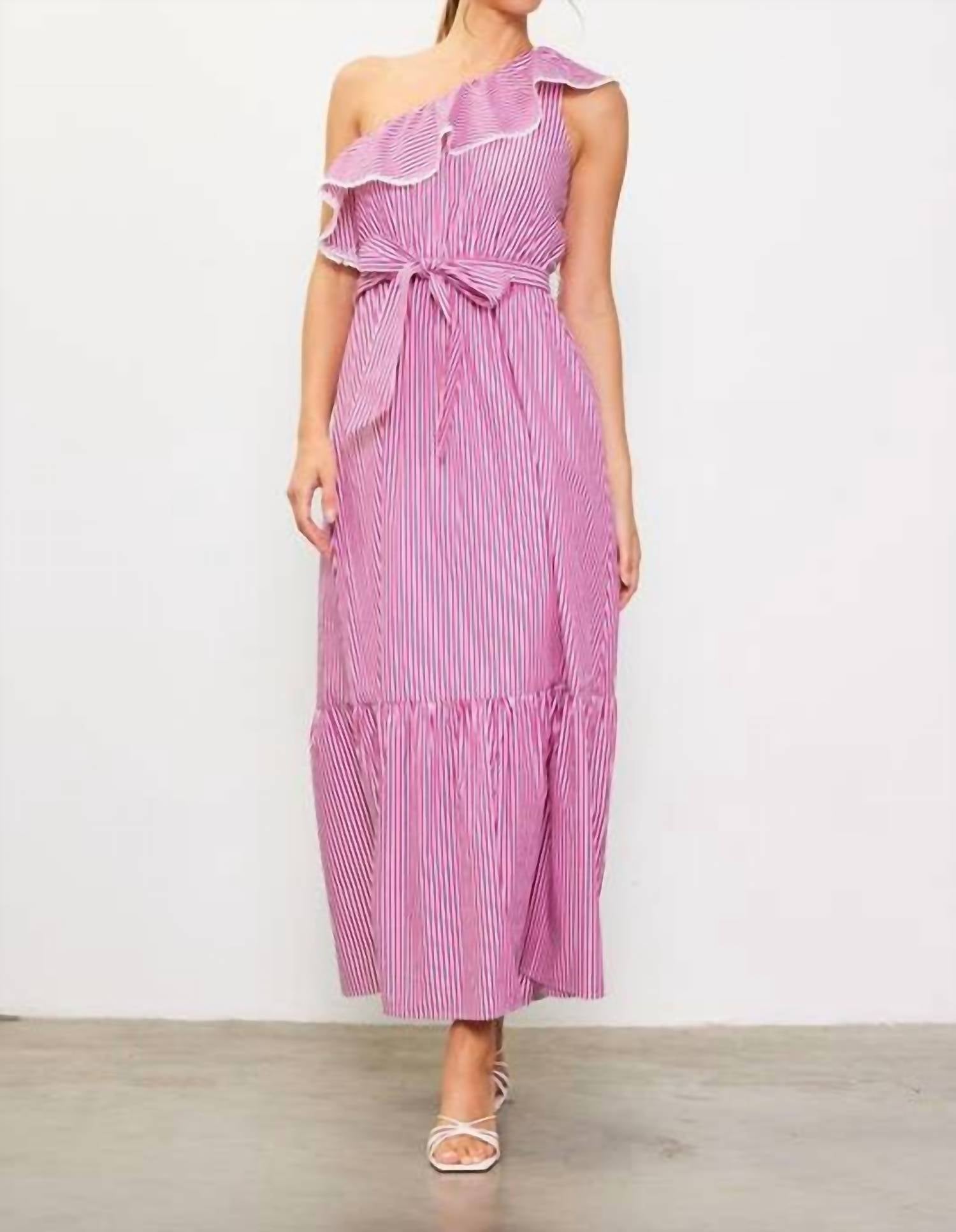 Skies Are Blue - Striped One Shoulder Ruffle Midi Dress