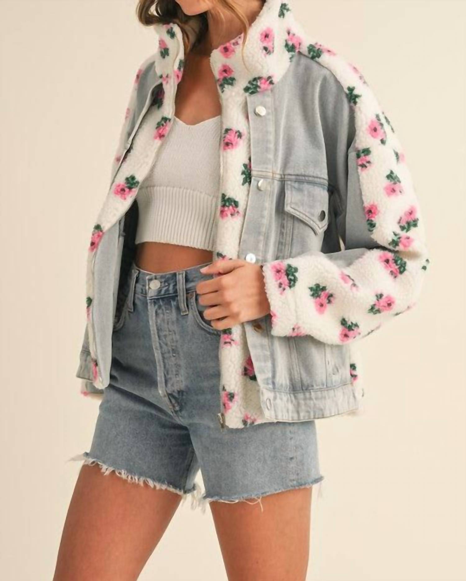 Mable - Carly Floral Shearling & Denim Jacket