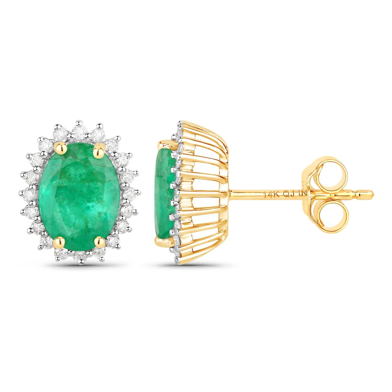 Diana M Jewels Women's Oval Natural Zambian Emerald Stud Earrings (2.66 Ct) - Signature in 14k yellow gold - women's jewelry - detail view