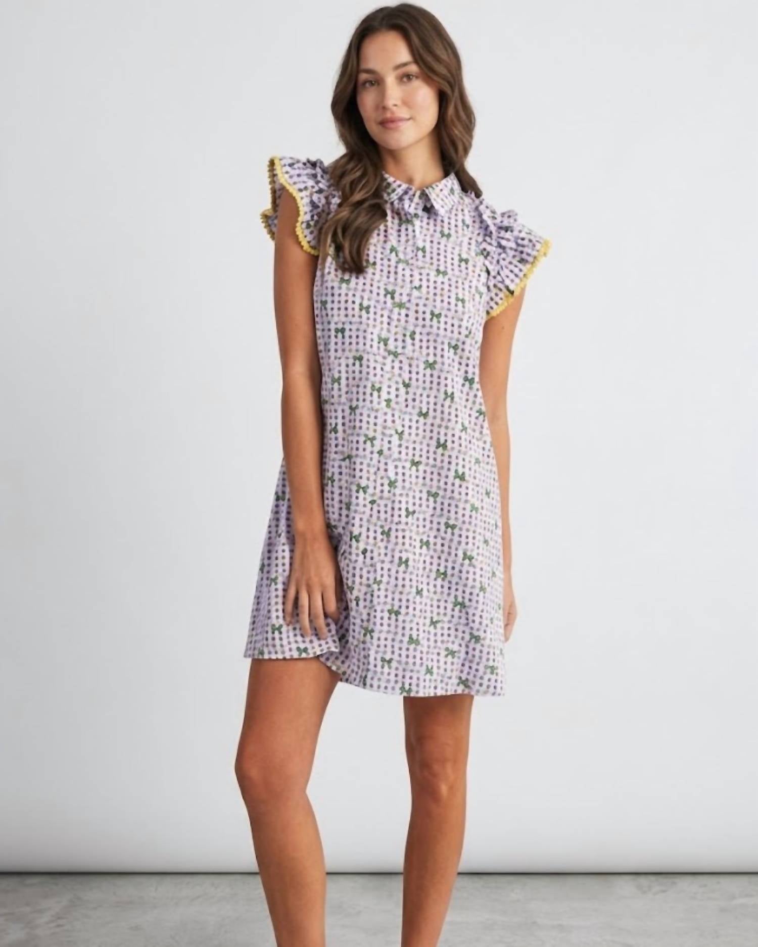 AnnieWear Mardi Gras Ruffle Sleeve Gingham Check Dress in purple - women's dress - alternate view