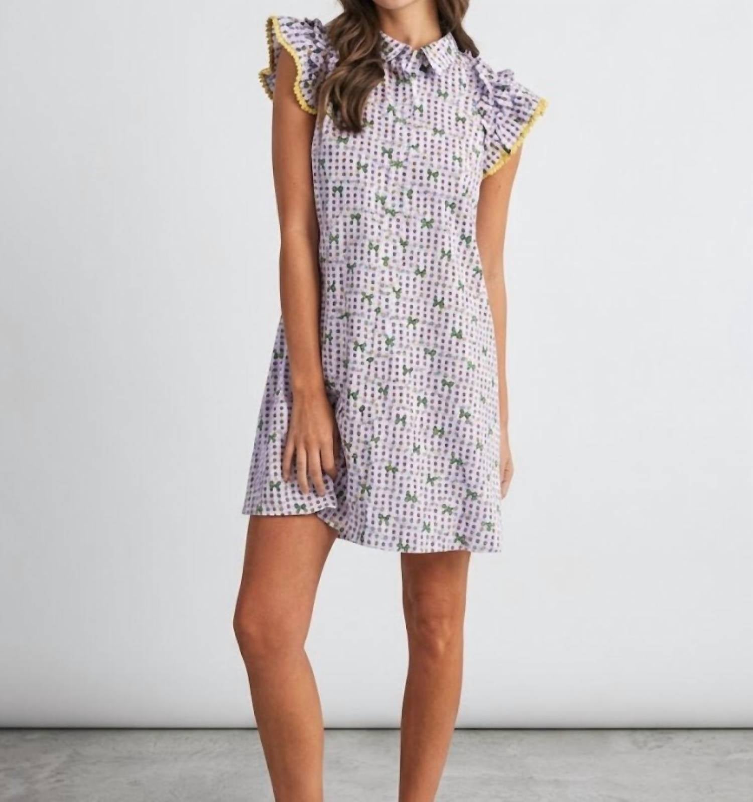 AnnieWear Mardi Gras Ruffle Sleeve Gingham Check Dress in purple - women's dress - detail view