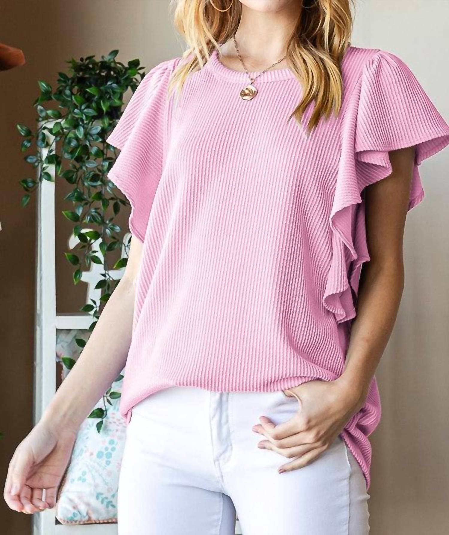 Heimish Usa - Ruffled Sleeve Solid Ribbed Top