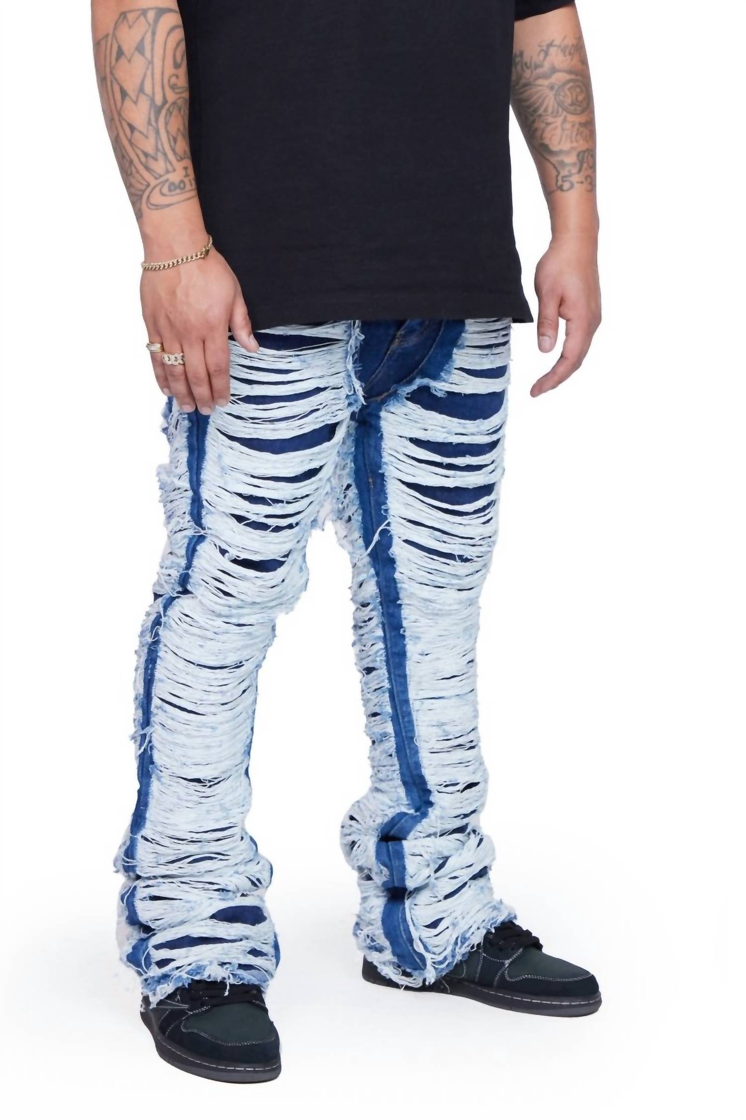 VALABASAS Men's Ravaged Stacked Flare Jean in indigo - men's jeans - view 4