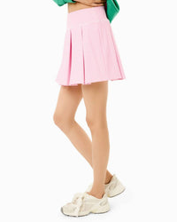 ADDISON BAY Smooth Sport Pleated Racquet Skort in bubblegum super white stripe - women's shorts - detail view