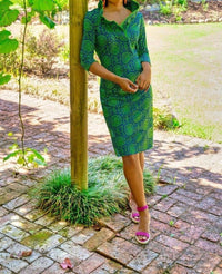 GRETCHEN SCOTT Ruffneck 3/4 sleeve Dress in royal blue kelly green - women's dress - detail view