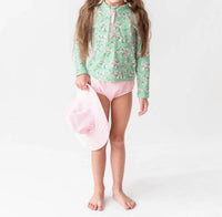 Rufflebutts - Tea Roses Long Sleeve Zipper Rash Guard 2-piece Swimsuit