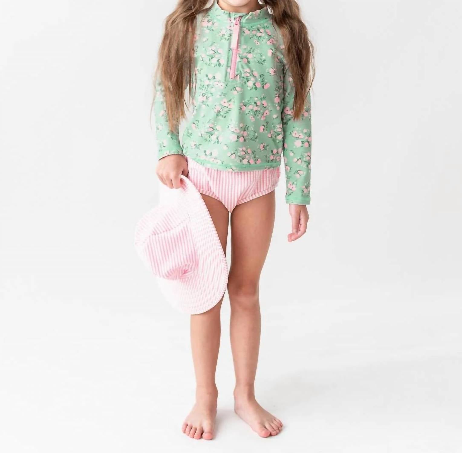 Rufflebutts - Tea Roses Long Sleeve Zipper Rash Guard 2-piece Swimsuit