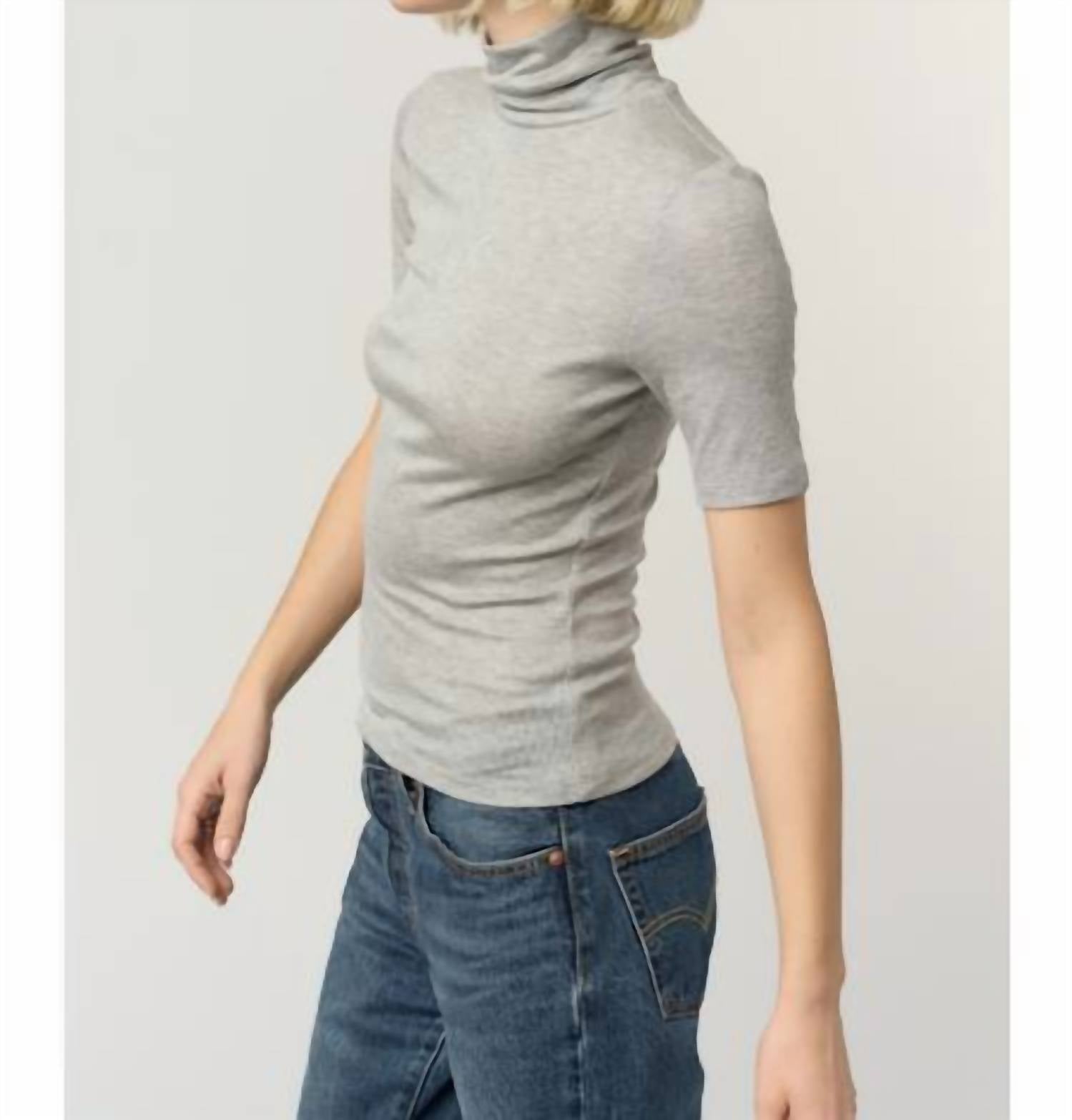 PROJECT SOCIAL T Jesllyn Turtleneck Rib Tee Top in heather grey - women's t-shirt - detail view