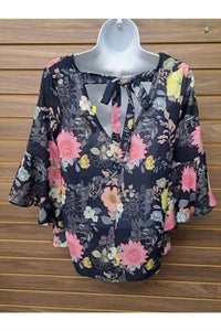 Moci - Women's Floral Bell Sleeve Back Tie Top