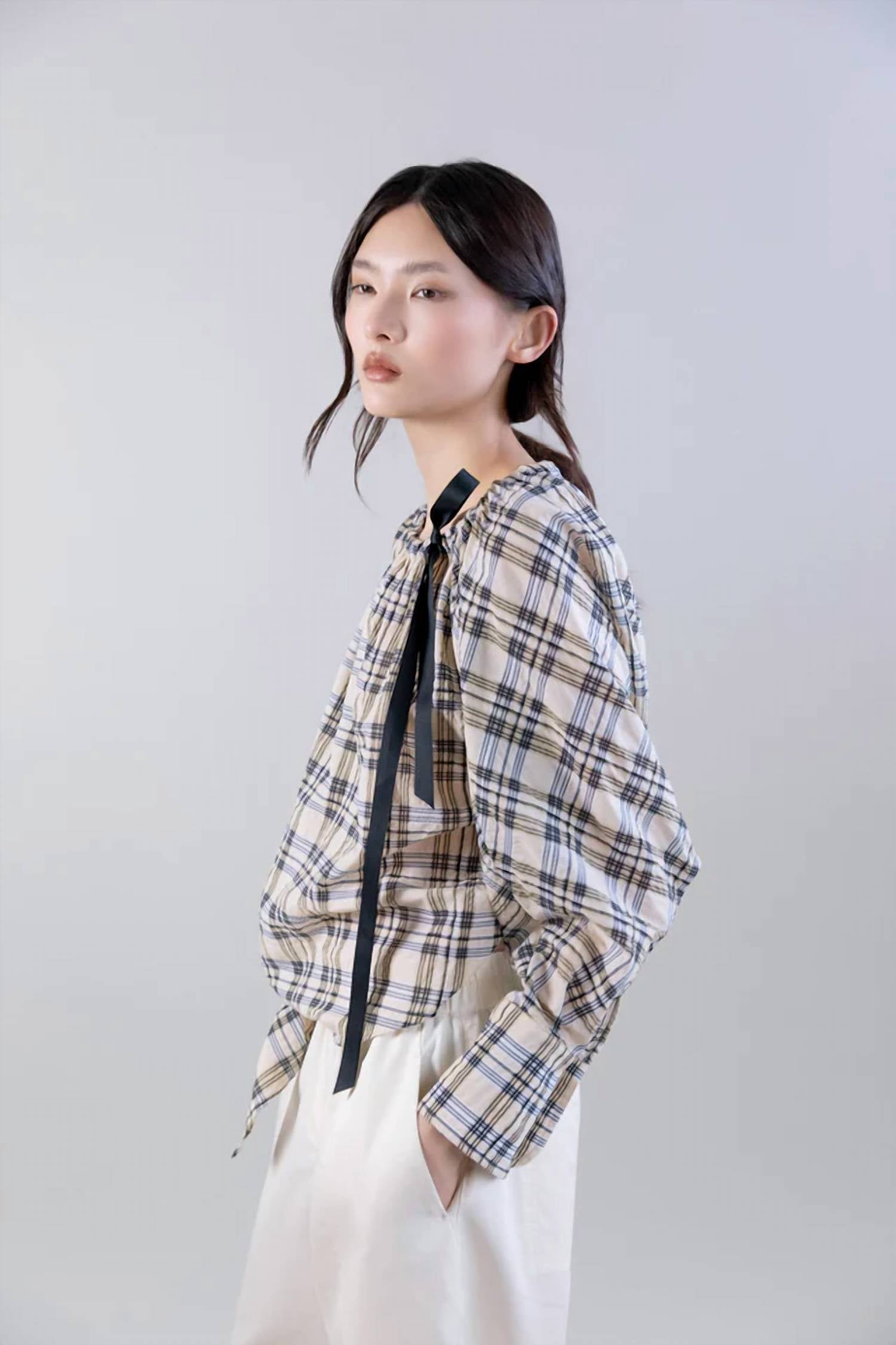 Psophia - Bardot Plaid Blouse with Drawstring Neckline