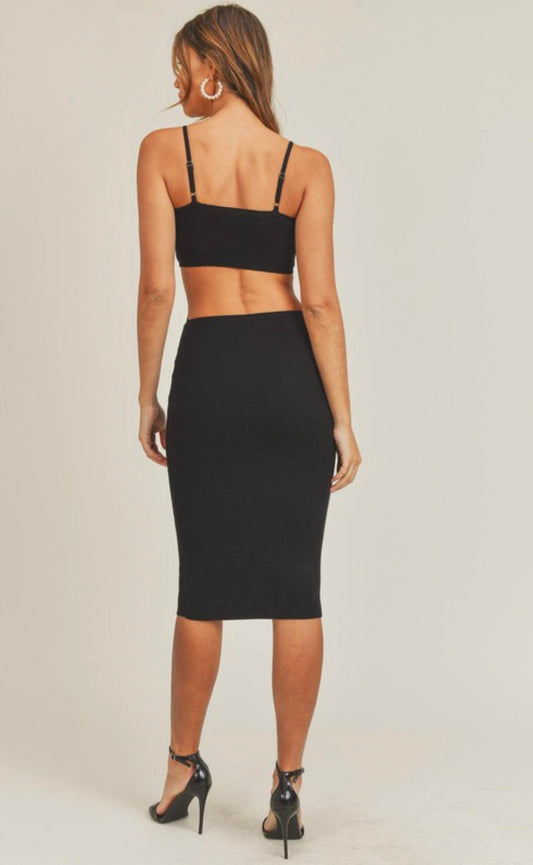 Mable - Spaghetti strap knit bodycon midi dress with side and back cut