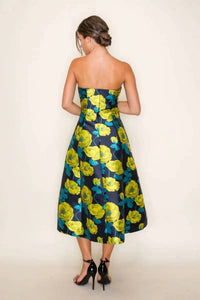 B.Right - Floral Jacquard Strapless Pleated Midi Dress
