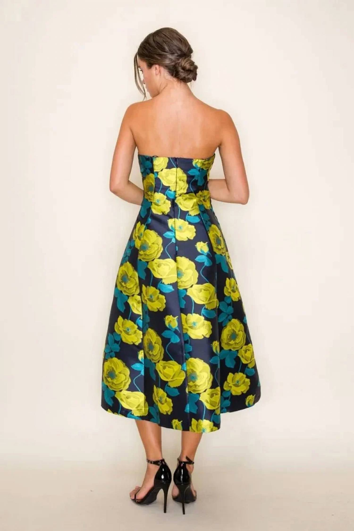 B.Right - Floral Jacquard Strapless Pleated Midi Dress
