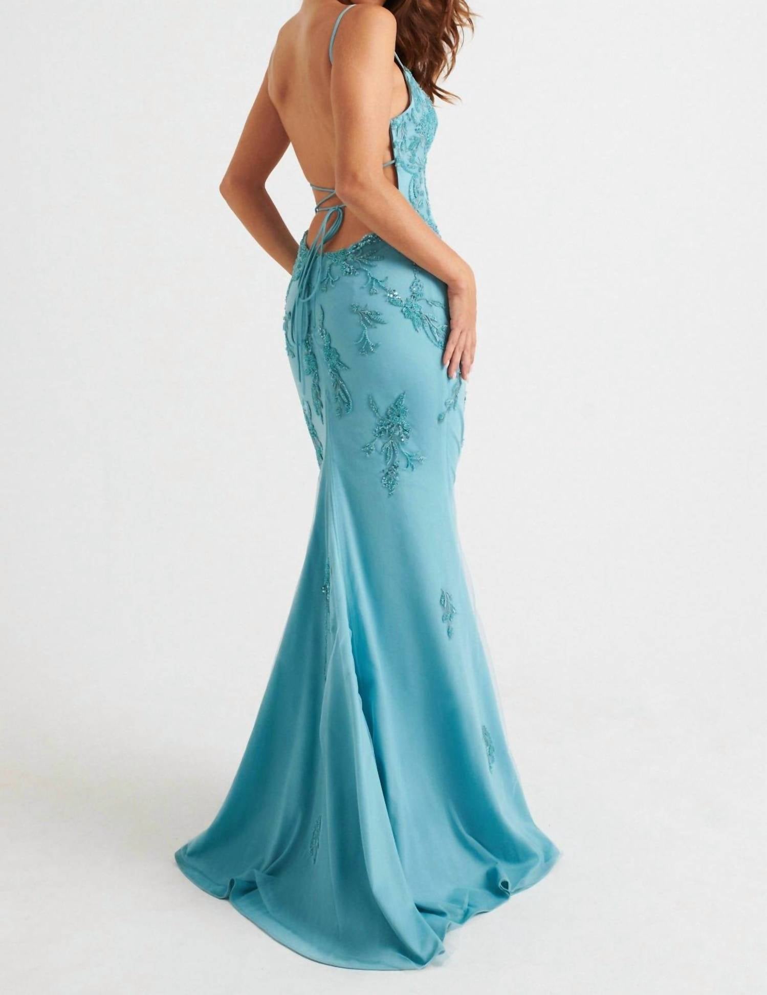 FAVIANA Sheath Satin Gown in light blue - women's dress - detail view