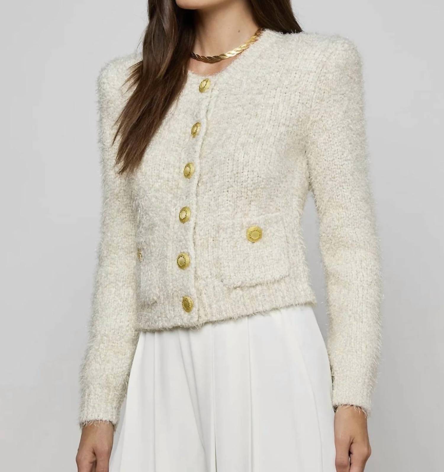 L'Agence Una Knit cardigan with Lurex in ivory - women's cardigan - detail view