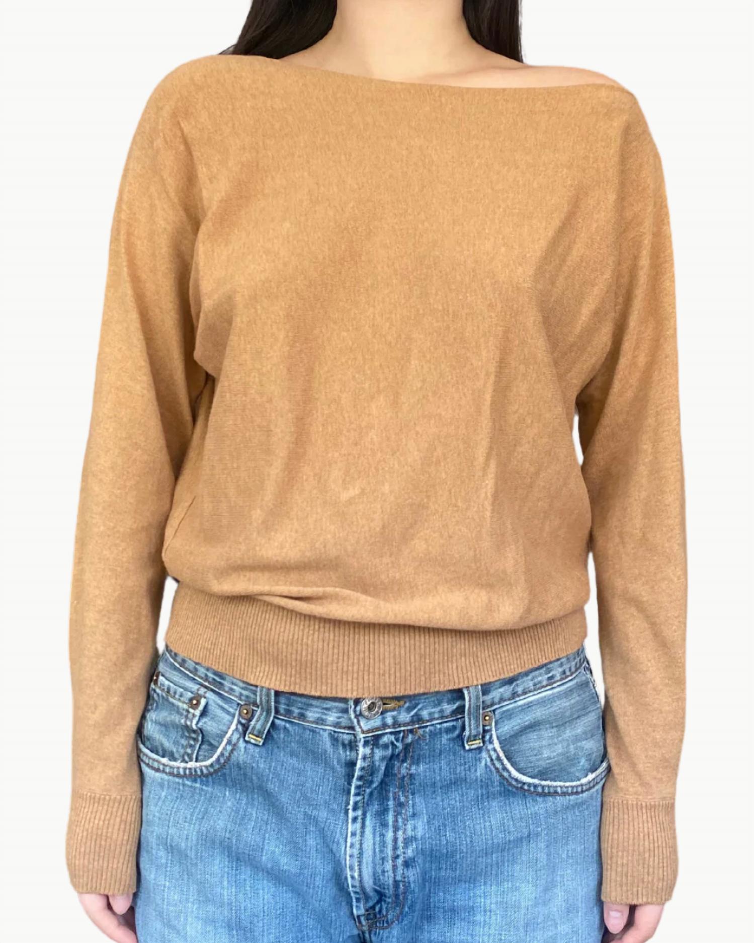 Minnie Rose Cotton Cashmere Off The Shoulder Top in camel - women's sweater
